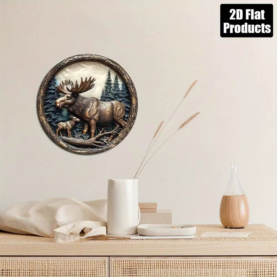 Rundes Aluminium-Metallschild Elch und Hirsch von CIFBUY in Braun, rustikale Wandkunst für dein Heim oder Büro, Durchmesser: 20,32 cm - Bild 4