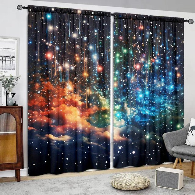 Yiran Furniture Galaxy Shining Stars Vorhänge mit Sternen-Print, 2er-Set, halbtransparent, Mehrfarbig, B: 50 cm, H: 130 cm - Bild 1