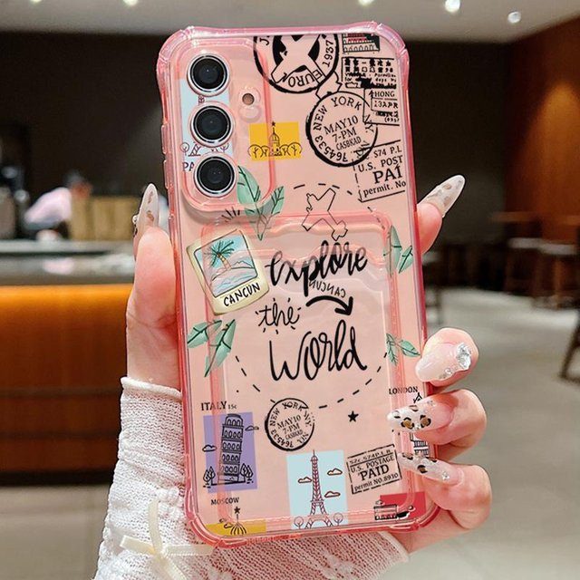 Samsung Handyhülle mit Reisekarten-Druck und Kartenfach für Galaxy S25 S24 S23 S22 Ultra FE A56 A55 A35 A16 A15 5G in Pink und Transparent - Bild 1