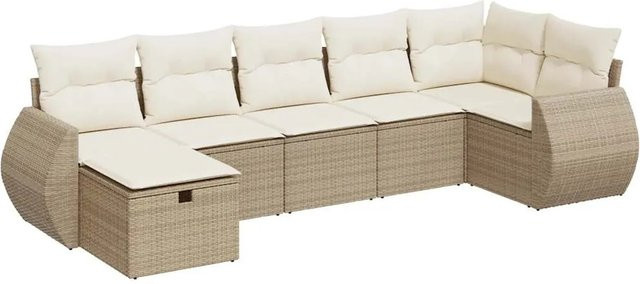 vidaXL 7-tlg Garten-Sofagarnitur in L-Form aus Poly-Rattan mit Kissen in Beige-Creme - Bild 1