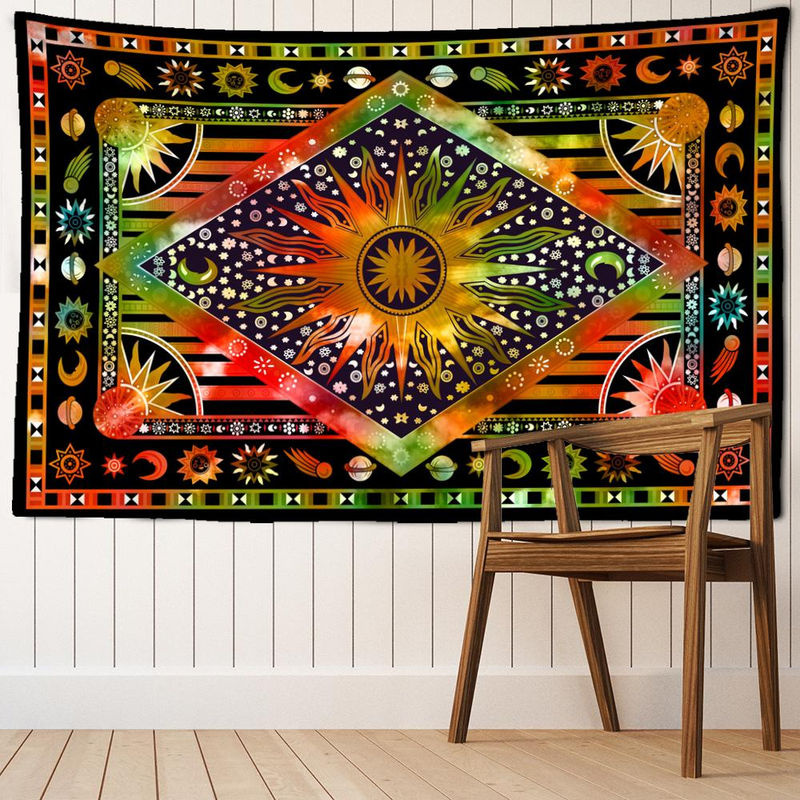 Wandbehang Binchi Outdoor Equipment Tarot Sonne im Bohemian Stil, abstraktes Design in Grün und Orange, Textil-Wanddekoration, B: 95 cm, H: 70 cm - Bild 4