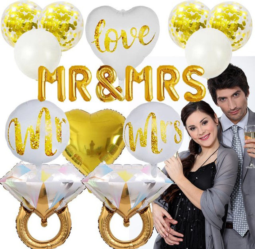20-teiliges MR&MRS Folienballon-Set in Gold mit Diamantring und Herzen für Hochzeit und Valentinstag - Bild 1