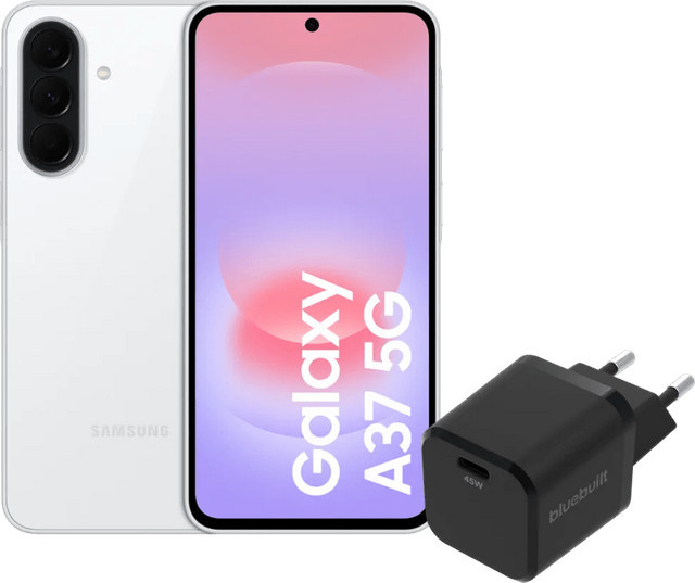 Samsung Galaxy A37 5G Smartphone 128GB Weiß mit BlueBuilt 45W USB-C Ladegerät Schwarz - Bild 1