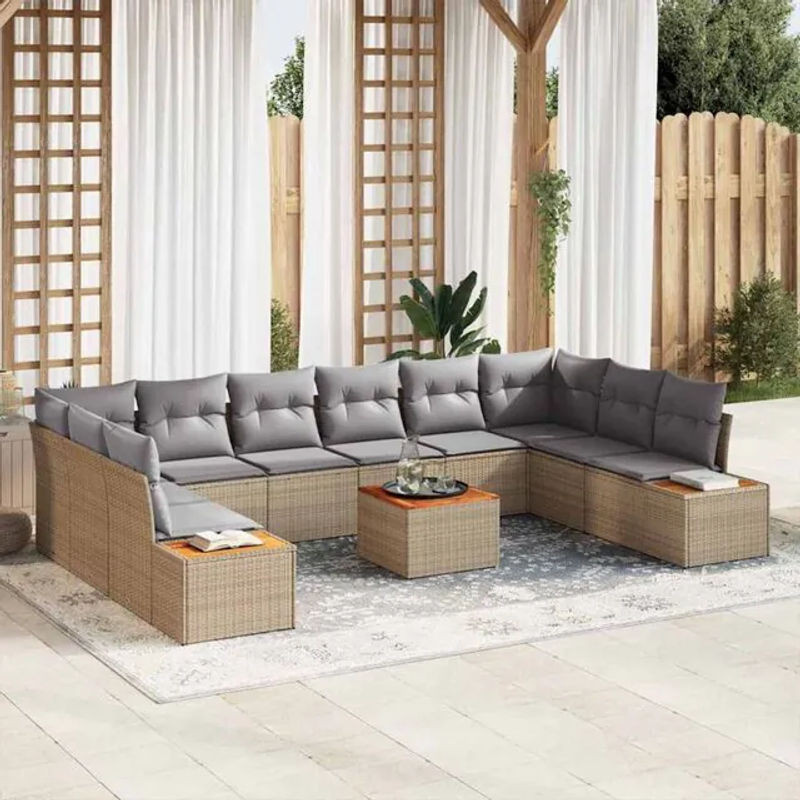vidaxl Garten-Sofa-Set aus Poly-Rattan mit 11-teiligem Kissen-Set in Beige - Bild 1