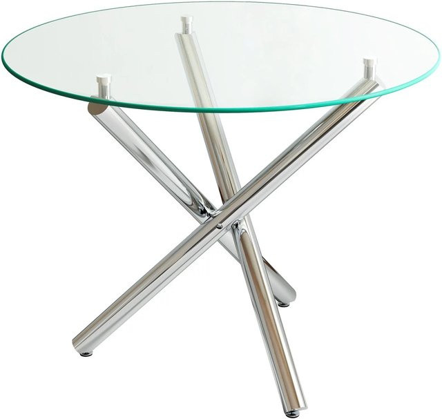 okwish Esstisch Rund mit Glasplatte und Metallgestell, Silberfarben, Durchmesser: 80 cm, Höhe: 76 cm - Bild 1