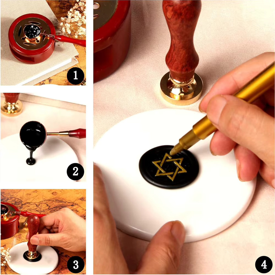 Personalisierter Messing-Wachssiegelstempel mit eigenem Bild oder Logo in Gold mit Holzgriff für Hochzeitseinladungen und Umschläge - Bild 2