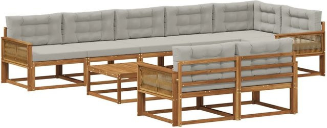 vidaXL Outdoor-Sofagarnitur in U-Form aus Akazienholz mit 9 Kissen in Natur und Hellgrau - Bild 1