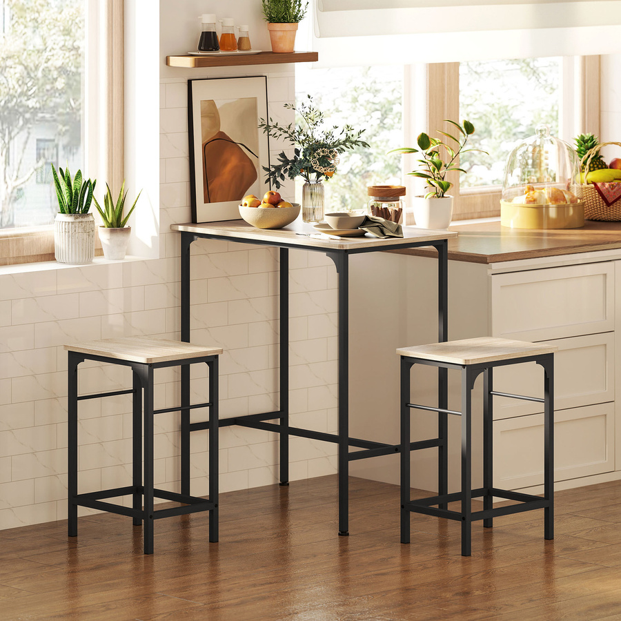 HOMCOM Bartisch-Set im Industrie-Design mit 2 Barhockern aus Holz und Stahl, Naturholz und Schwarz - Bild 2