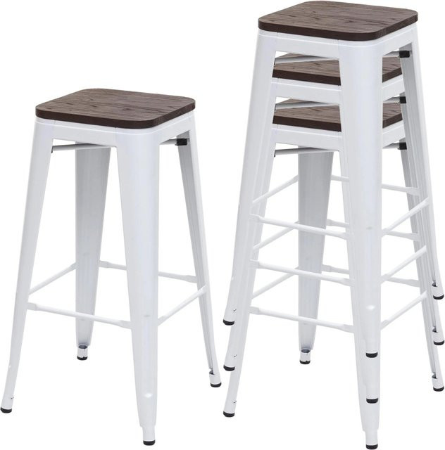 PROREGAL 4er-Set Barhocker im Industrial-Design mit Ulmenholz-Sitzfläche und Metallgestell, Weiß/Dunkelbraun, Sitzhöhe: 76 cm, stapelbar - Bild 1
