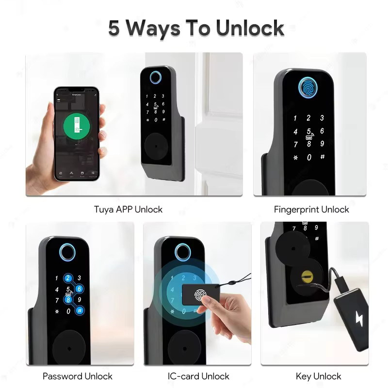 Tuya Smart Türschloss in Schwarz mit Fingerabdruck, Bluetooth, Wifi und TTLock App-Steuerung, IP65 wasserdicht und schlüssellos mit digitalem Code - Bild 2