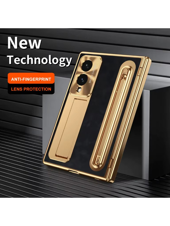 Samsung Galaxy Z Fold 8 Ultra Fold 7 6 5 4 Etui aus galvanisiertem Leder mit Kickstand, Scharnier-Schutz, Stylus-Slot und gehärteter Glasfolie in Blau und Gold - Bild 4