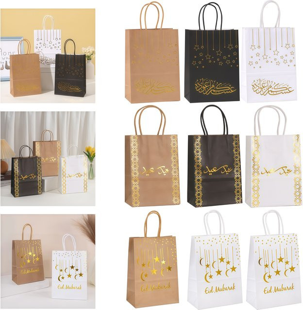 4 Stück Ramadan Geschenktüten aus Kraftpapier in Braun mit Heißprägung Stern für Eid Mubarak und Kareem Festival Dekor - Bild 1