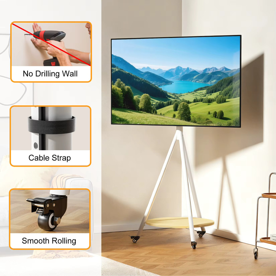 UNHO Eck-TV-Ständer mit Rollen in Weiß, mobiler TV-Wagen für 40-75 Zoll Fernseher bis 50 kg, minimalistisches Design aus Metall für Zuhause, Büro oder Schule - Bild 5