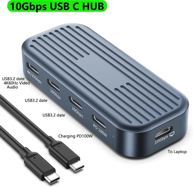 YUCUN USB-C-Hub in Grau mit 10 Gbit/s Datenübertragung, 4K@60 Hz HDMI-Videoausgang und PD100W Ladefunktion für MacBook, iPad Pro und andere Typ-C-Geräte - Bild 1