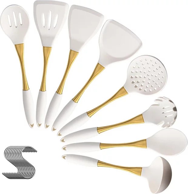8-teiliges Set aus hitzebeständigen Küchenutensilien aus Silikon in Weiß und Gold inklusive Spachtel, Turner und Pastasieb - Bild 1