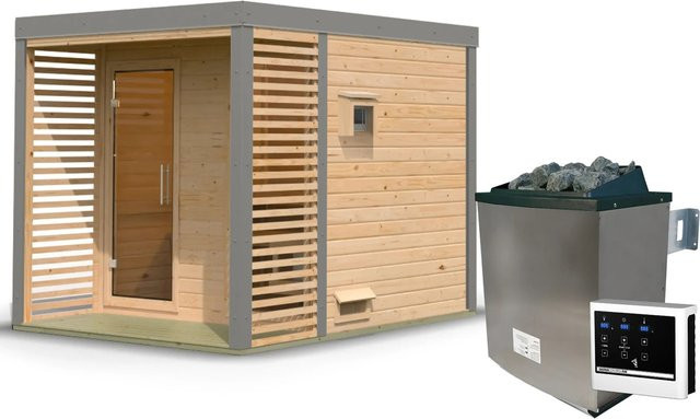 Karibu Saunahaus Seros Blockbau aus Fichte und Espe mit 9 kW Ofen und Graualuminium-Details, Naturbelassen - Bild 1
