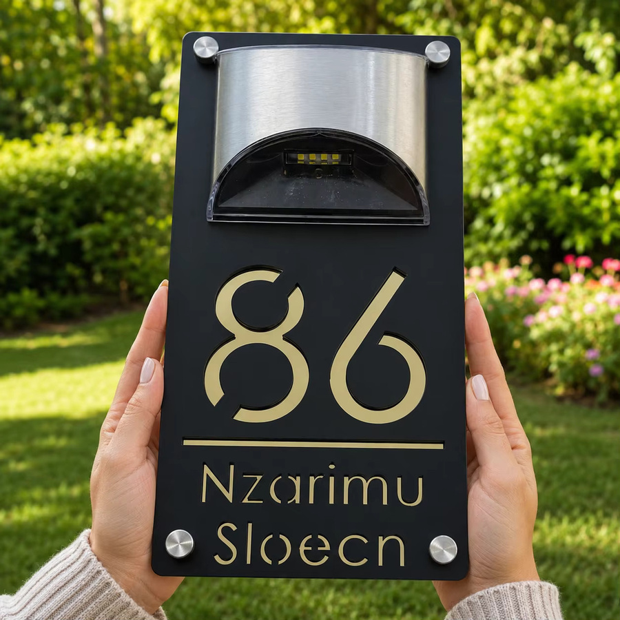 Personalisiertes modernes LED Solar Außenleuchten-Hausnummernschild aus lasergraviertem Acryl als Wandschild für den Garten - Bild 2