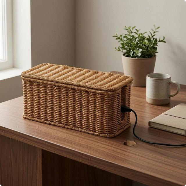 Kabelmanagementbox HomeVibe Haus mit Deckel aus geflochtener Rattan-Schnur in Braun und Beige mit fünf Öffnungen - Bild 1