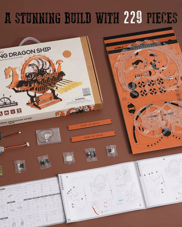 Robotime Wikinger-Drachenschiff, Mechanisches Holzpuzzle, 229 Teile, ab 14 Jahren - Bild 2