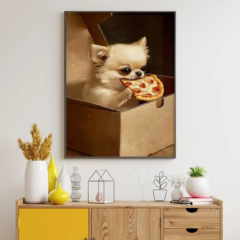 Potdemiel Vintage Leinwandgemälde mit Katzen- und Welpenmotiv beim Essen von Pizza und Burger in Multicolour - Bild 2