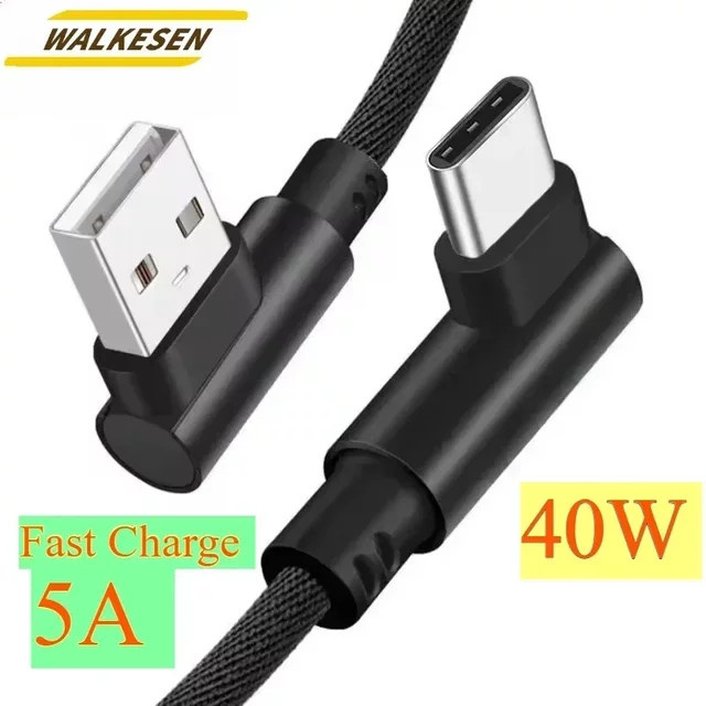 WALKESEN USB-auf-Typ-C-Ladekabel mit Schnellladefunktion 40W 5A, gewebtes Datenkabel mit 90-Grad-Winkel in Rot/Schwarz - Bild 1