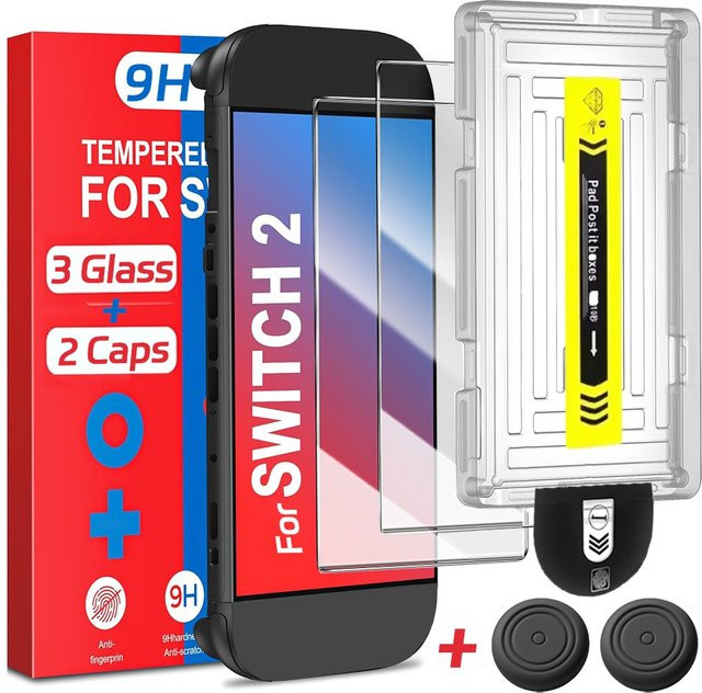 Displayschutzfolie aus gehärtetem Glas mit Joystick-Kappen für Nintendo Switch, transparent - Bild 1