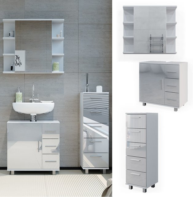 Vicco Badmöbelset Ilias in Weiß Hochglanz, modernes 3-teiliges Badezimmer-Set mit Spiegelschrank, Waschtischunterschrank und Midischrank - Bild 1