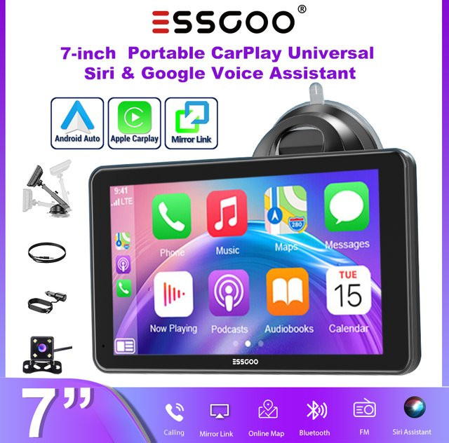 ESSGOO 7-Zoll 4K Tragbares Autoradio mit Touchscreen, Wireless Carplay, Android Auto, Bluetooth, AUX und Mirror Link in Schwarz - Bild 1