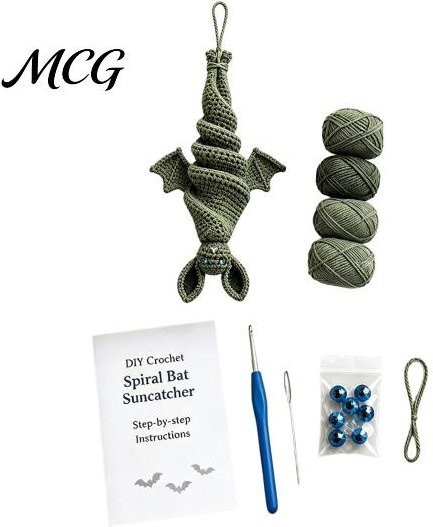 Aolifu DIY-Häkel-Fledermaus-Windspiel Set für Halloween, Grünes Strickset für Anfänger mit Garn und Häkelnadel - Bild 1