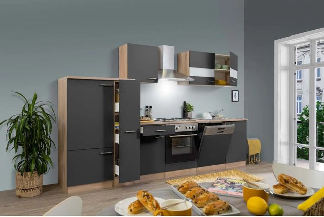 Respekta Küchenzeile Grau-Eiche Sägerau ohne Elektrogeräte mit Soft-Close-Glasfronten, Breite: 310 cm - Bild 1