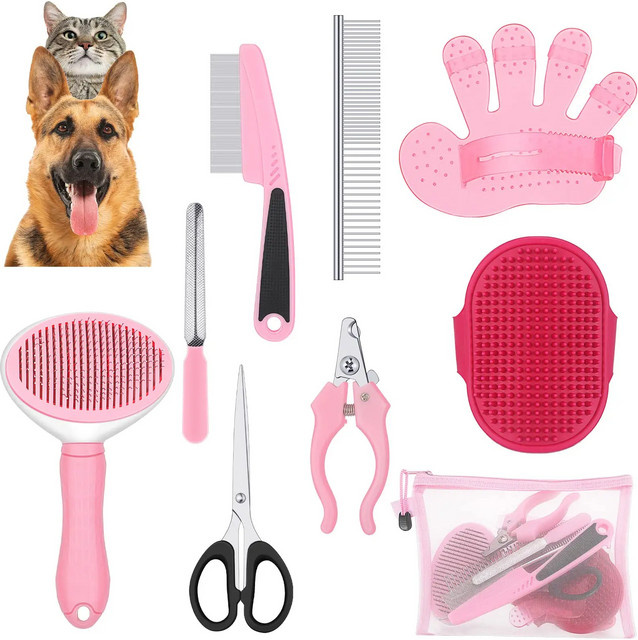 9-teiliges Hundepflegeset mit selbstreinigender Bürste, Nagelrechen, Nagelknipser und Flohkamm in Grau und Pink - Bild 1