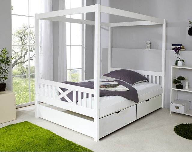 TiCAA Himmelbett Lino aus Kiefer Massivholz in Weiß, B/T/H: 140 x 200 cm - Bild 1