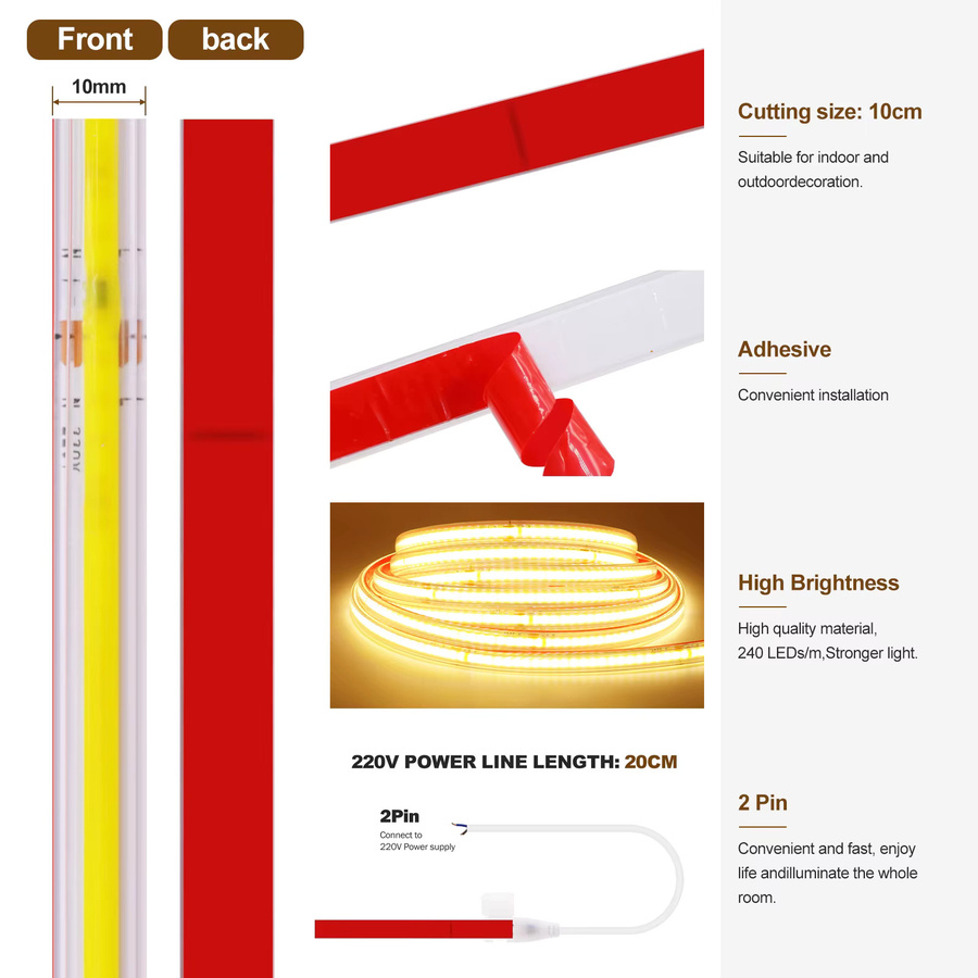 HEGEHE COB-LED-Streifen mit 240 LEDs/m, wasserdichter Lichtschlauch für AC 220 V direkt Anschluss, flexibles Flachband für Heimdekoration - Bild 5