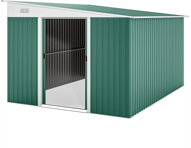 Outsunny Metall Gerätehaus in Grün mit Pultdach und Schiebetür, wetterfester Geräteschuppen aus Stahl, B/T/H: 280 x 345 x 201 cm - Bild 1