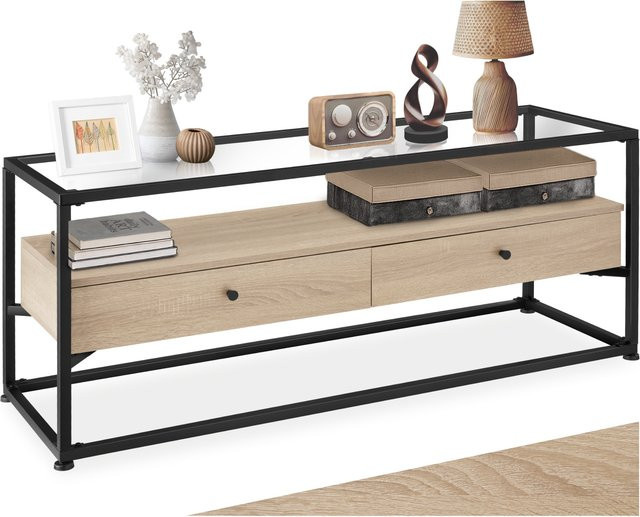 tectake Sideboard Industrial Style mit Sicherheitsglas und 2 Schubladen in Braun und Beige, B/T/H: 121,5 x 41,5 x 50,5 cm - Bild 1