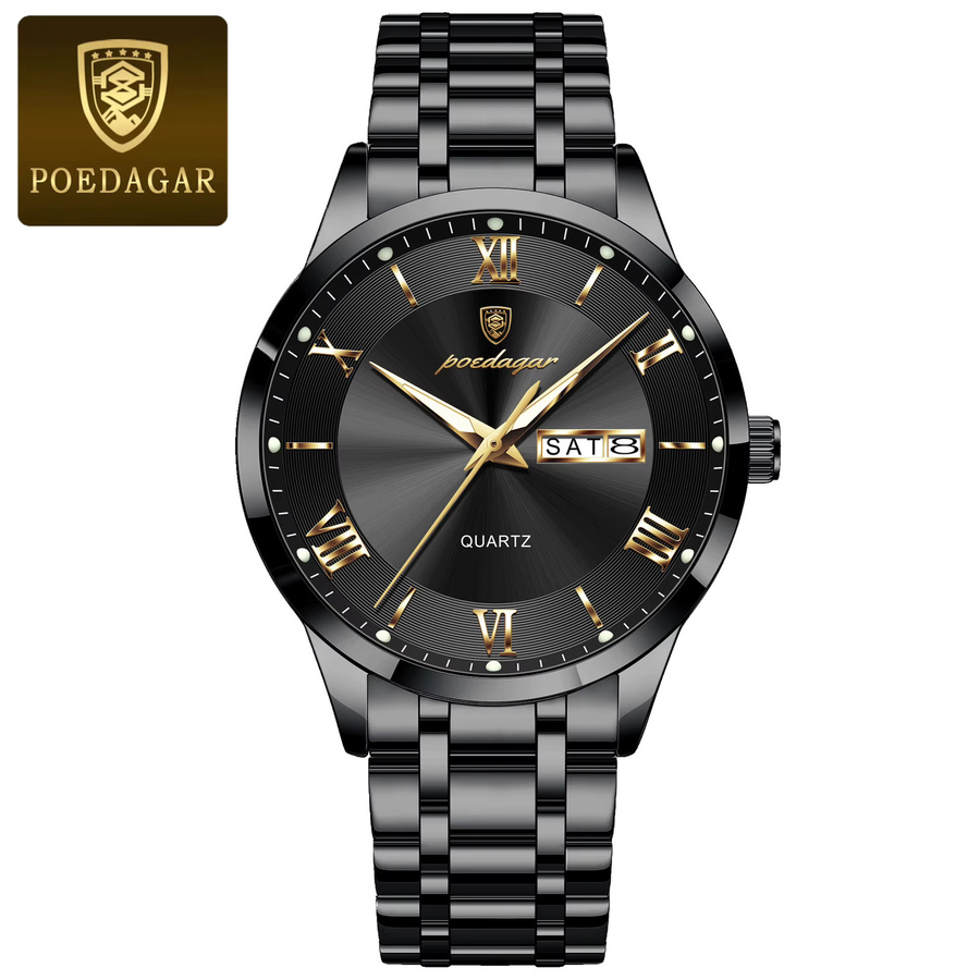 POEDAGAR Armbanduhr Edelstahl, Quarz, Wochentag, Datum, Herren, Schwarz - Bild 7
