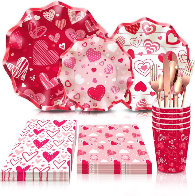 Einweg Geschirr Set aus Papier in Pink für Valentinstag, Hochzeit und Geburtstag mit Tellern, Servietten und Tassen - Bild 1