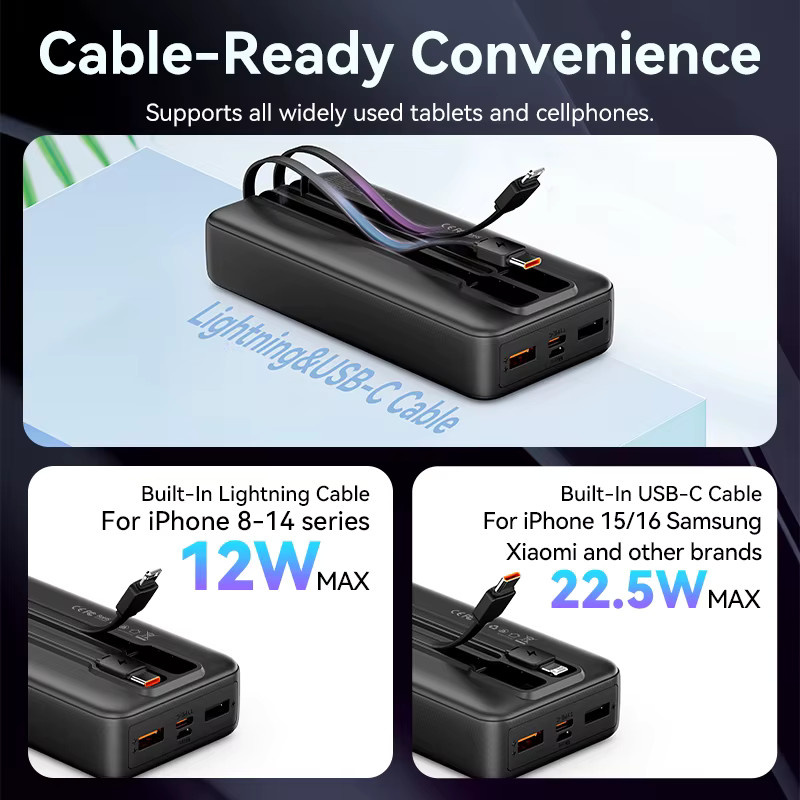 Vention Powerbank 20000mAh mit 22,5W Schnellladefunktion und integrierten USB-C und Lightning Kabeln in Schwarz - Bild 2