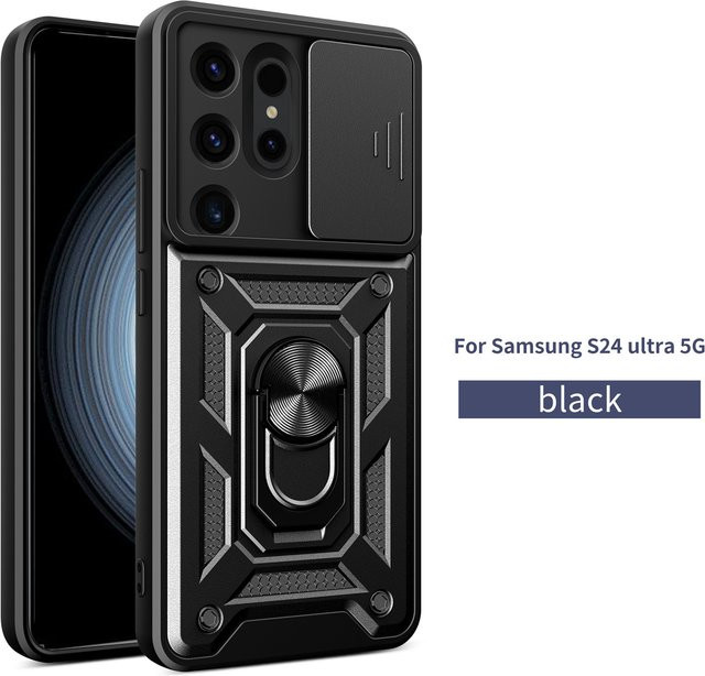 Stoßfeste Rüstungshülle für Samsung Galaxy S24 Ultra mit magnetischer Halterung, Ringhalter und Kameraschutz in Schwarz oder Blau - Bild 1