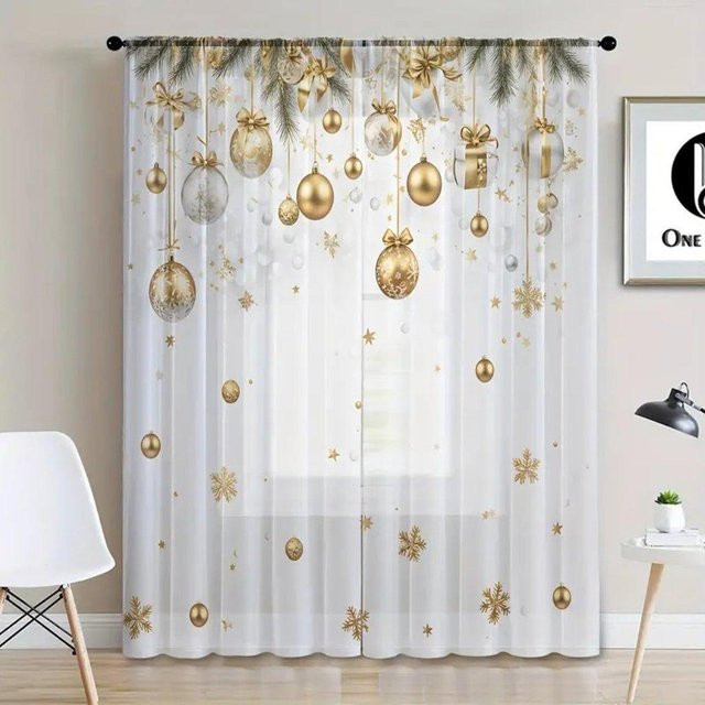 2er-Set Weihnachts Vorhänge mit Kiefer- und Kugelmuster, halbtransparente Dekovorhänge aus Polyester in Weiß, B/H: 50 x 130 cm - Bild 1