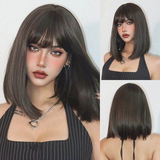 HAIRCUBE Bob-Synthetik-Perücke, dunkelbraun, schulterlang mit Pony, Damen - Bild 1