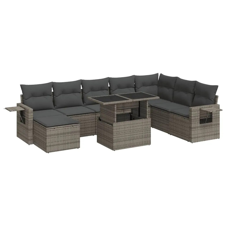 vidaXL 9-tlg Garten-Sofagarnitur in L-Form aus grauem Poly-Rattan mit Kissen und pulverbeschichtetem Stahlgestell - Bild 2