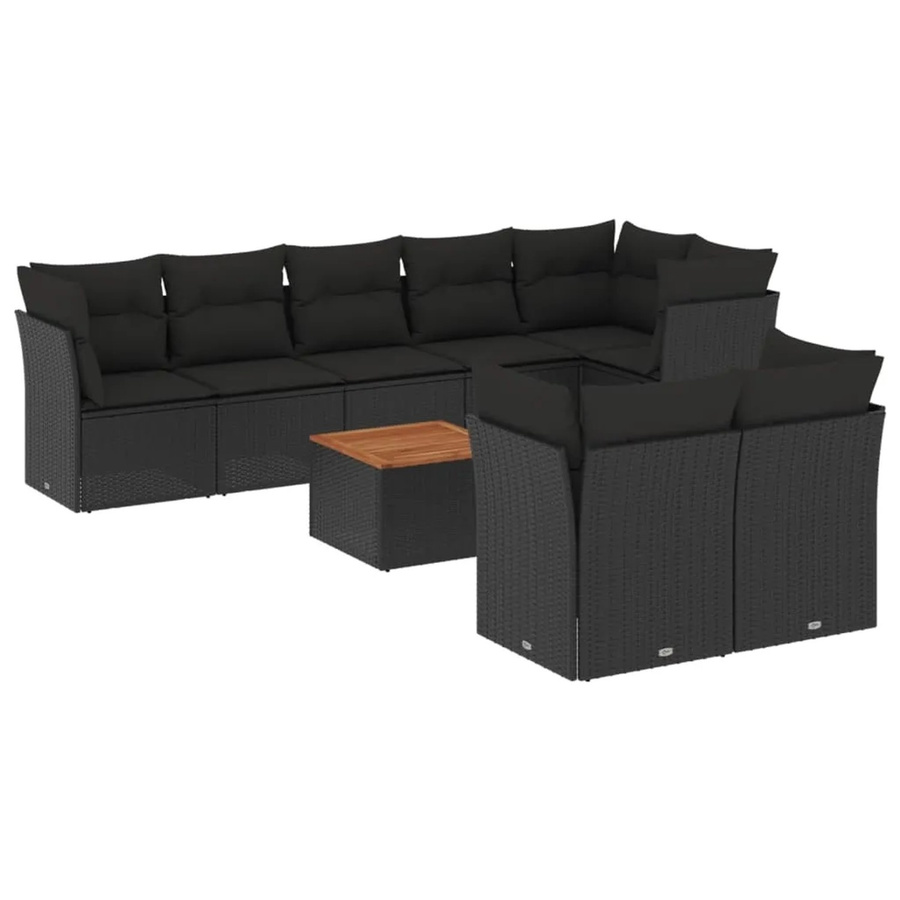 vidaXL 9-tlg. Garten-Sofagarnitur in L-Form aus Poly-Rattan mit Kissen und Tisch, Schwarz - Bild 2