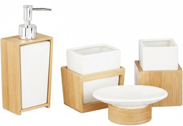 Relaxdays Badezimmer Set aus Keramik und Bambus in Weiß, vierteilig mit Seifenspender, Seifenschale, Zahnputzbecher und Zahnbürstenhalter, B/T/H: 20 x 8,5 x 5,5 cm - Bild 1