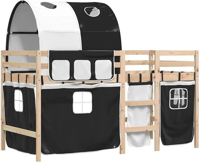 vidaXL Kinderhochbett aus Kiefernholz mit Tunnel in Weiß und Schwarz - Bild 1