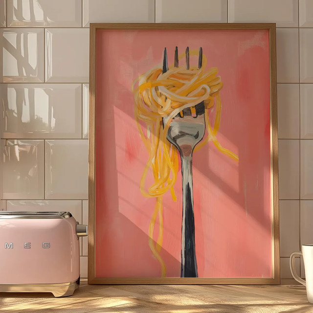 Vertikales Poster Kunstdruck Spaghetti-Nudelgabel in Rosa Matt von SHENCHEN als moderne Wanddekoration für deine Küche - Bild 1