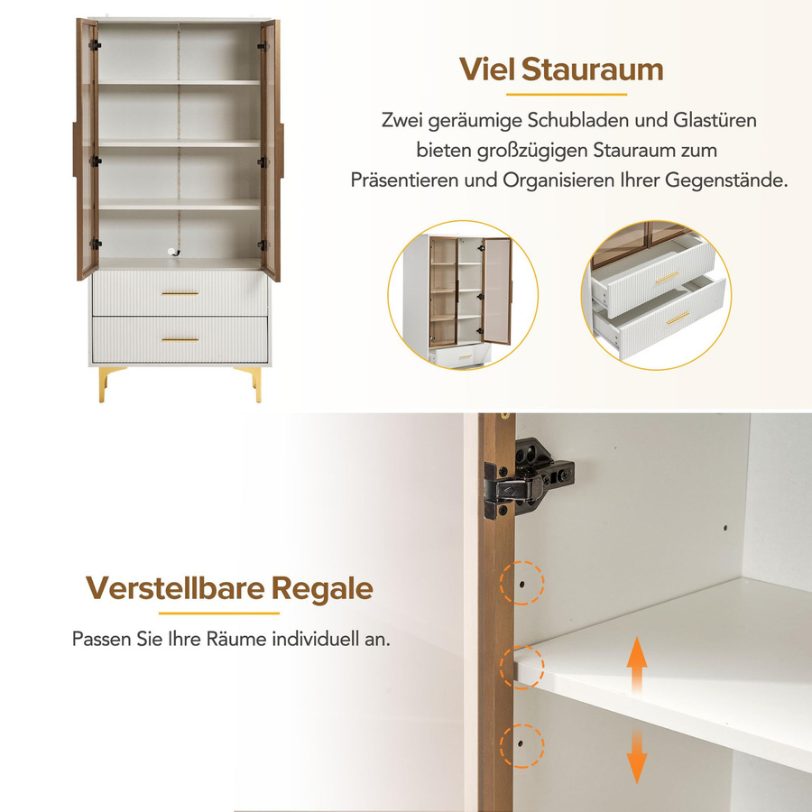 Flieks Moderne Standvitrine mit LED Beleuchtung und 2 Schubladen in Weiß, B/T/H: 80 x 40 x 160 cm - Bild 1