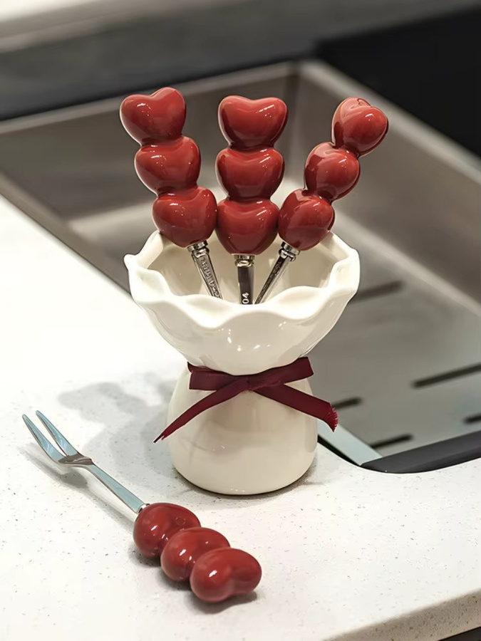 Kreatives Dessert-Set aus Keramik und Edelstahl mit Aufbewahrungsglas und kleinen Obstgabeln - Bild 3