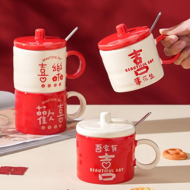 Keramiktasse mit Deckel und Löffel von Yiran Furniture, roter Becher, 400 ml - Bild 1
