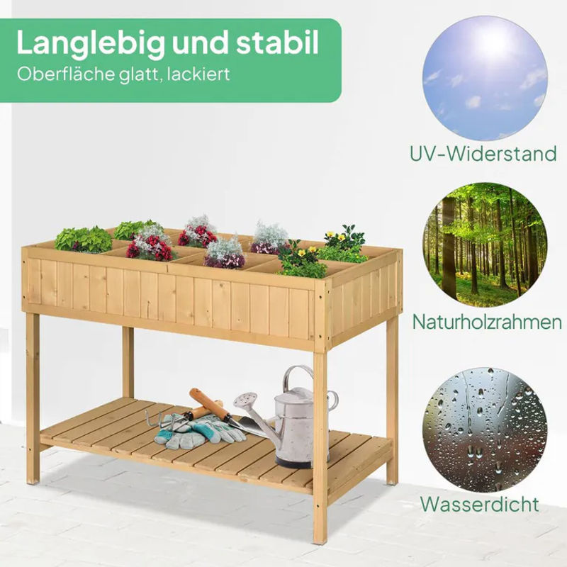 Outsunny Pflanztisch Hochbeet aus Massivholz Tanne in Naturholz mit 8 Fächern und Ablage, B/T/H: 110 x 46 x 76 cm - Bild 5